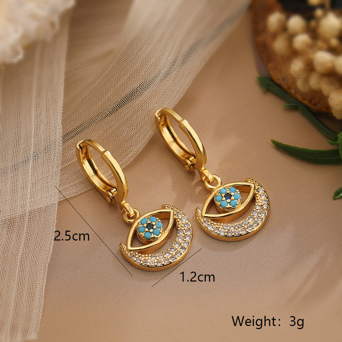 Moon Evil Eye 18K Gold CZ Anti Tarnish Pendant Chain Earring Set Bulk