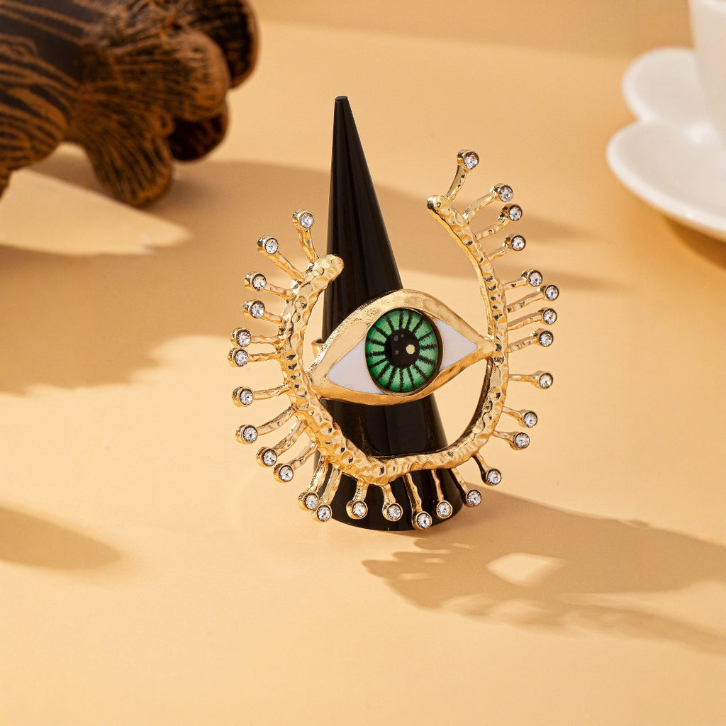Green Evil Eye Gold Plated Rhinestone Adjustable Cocktail Ring Bulk