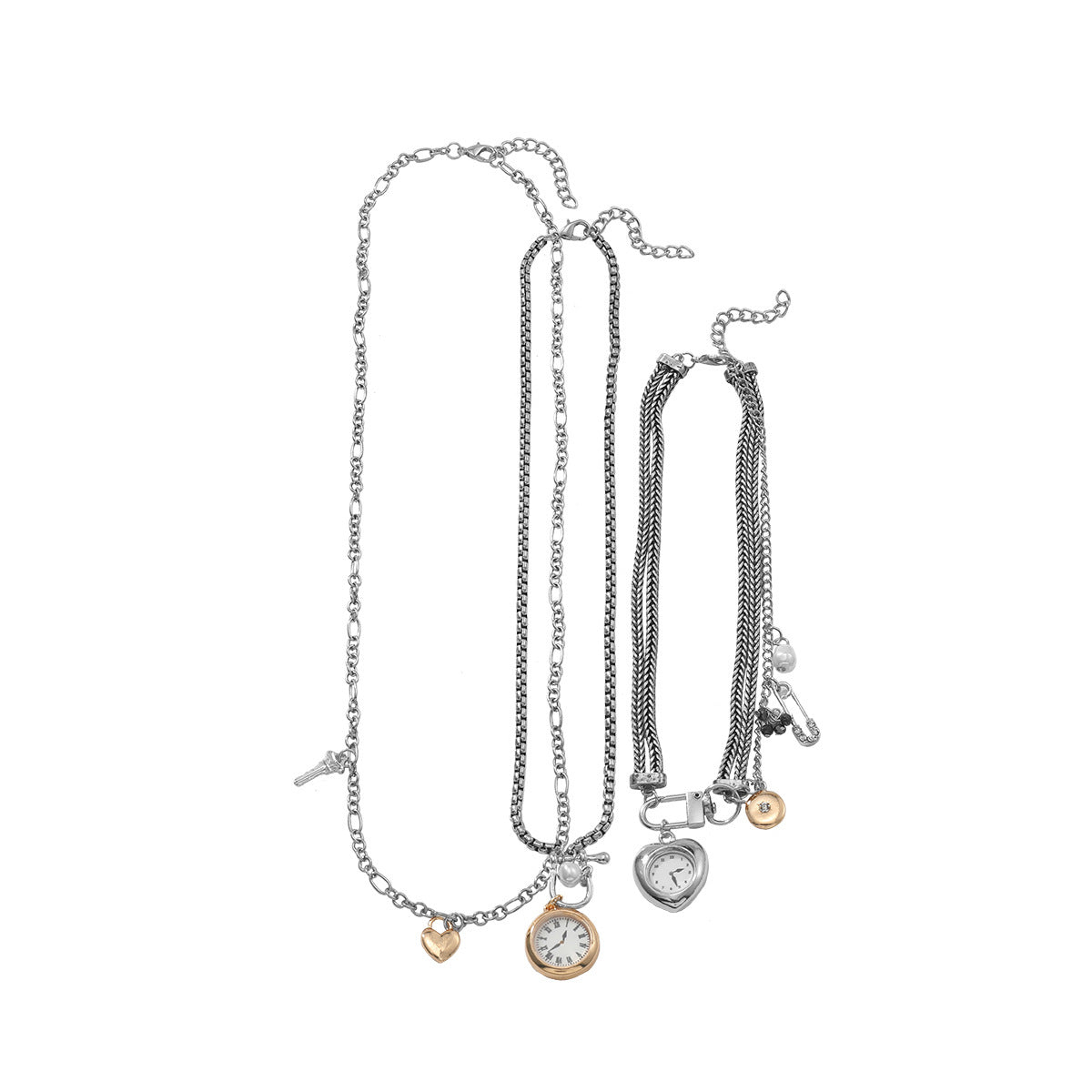 Multi-Layered Vintage Watch & Heart Charm Gold Silver Necklace Bulk
