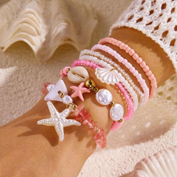 Pink Layered Trendy Beach Style Gold Pearl Beads Bracelet Wholesale Main image