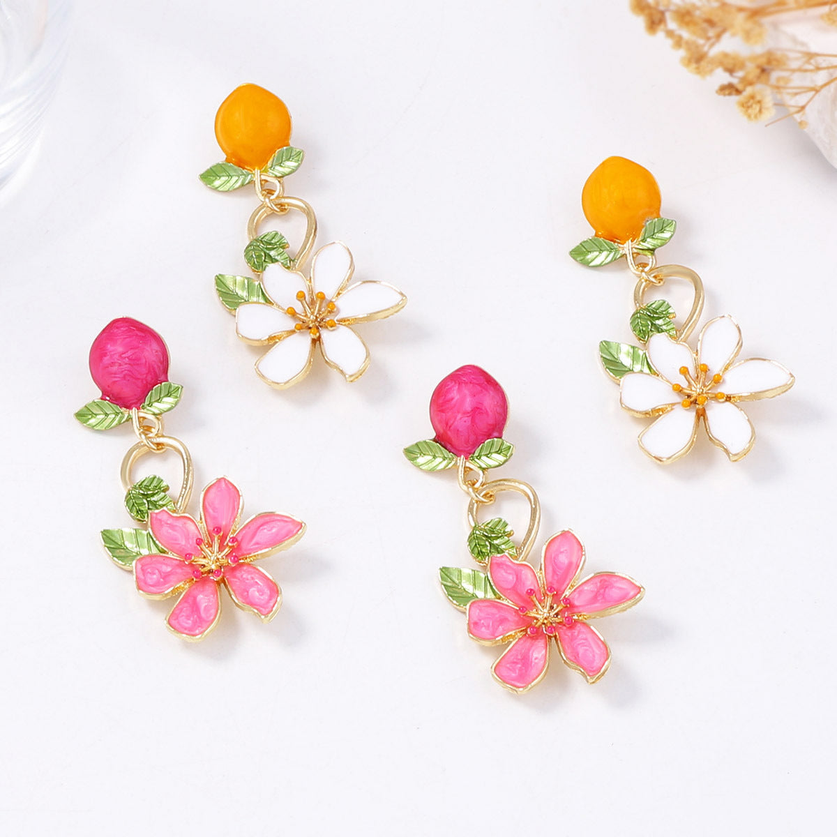 Orange Pink Flower Gold Plated Enamel Dangler Earrings For Women Bulk