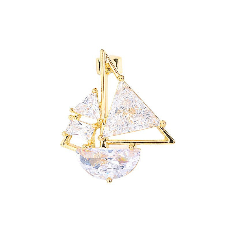 Modern Sailboat Style Gold Silver CZ Copper Anti Tarnish Brooch Bulk