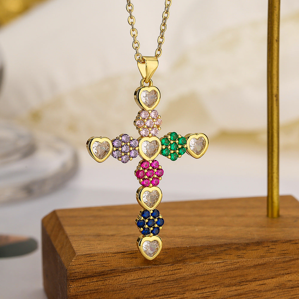 Heart Flower Rosery Cross Over 18K Gold Plated Anti Tarnish Necklace Pendant Chain For Women Main image