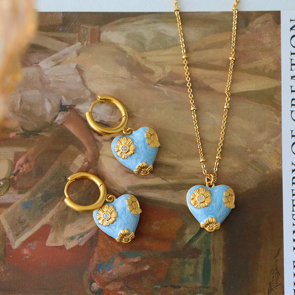 Heart Blue Gold Anti Tarnish Necklace Pendant Chain Earring Set Bulk Main image