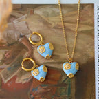 Heart Blue Gold Anti Tarnish Necklace Pendant Chain Earring Set Bulk