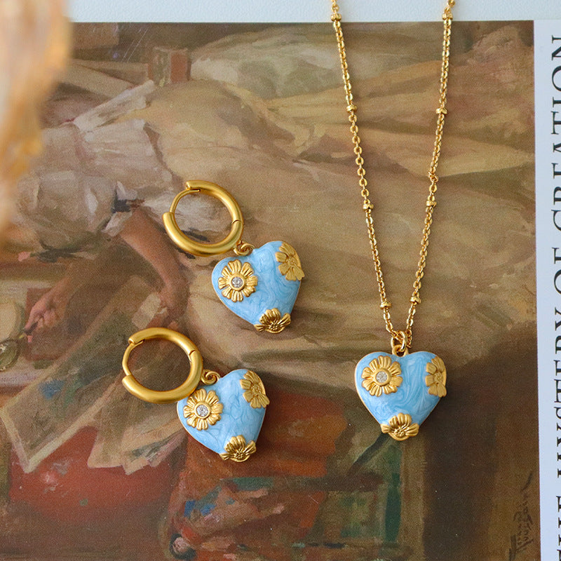Heart Blue Gold Anti Tarnish Necklace Pendant Chain Earring Set Bulk