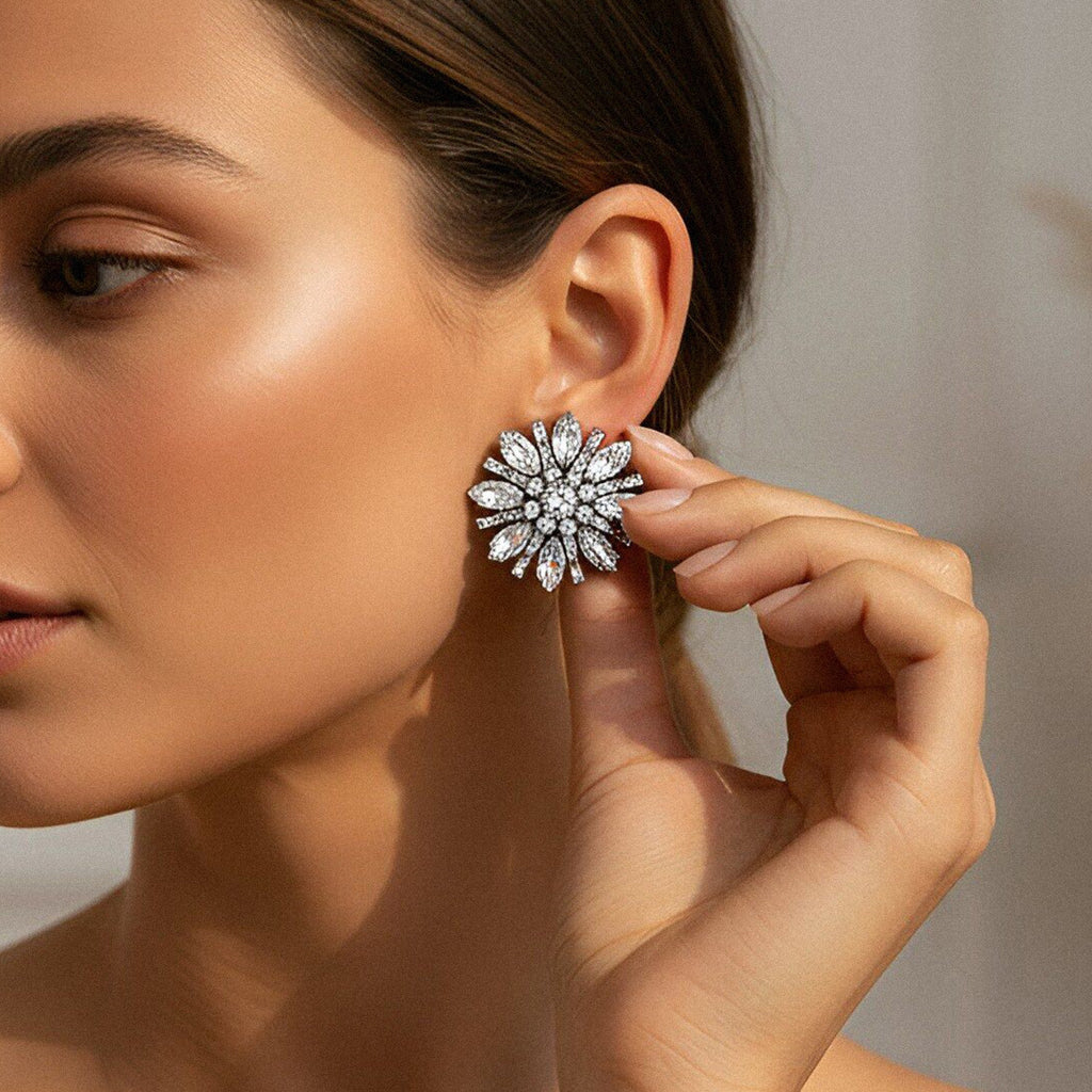 White Designer Floral Cluster Black Rhinestone Alloy Stud Earrings Bulk