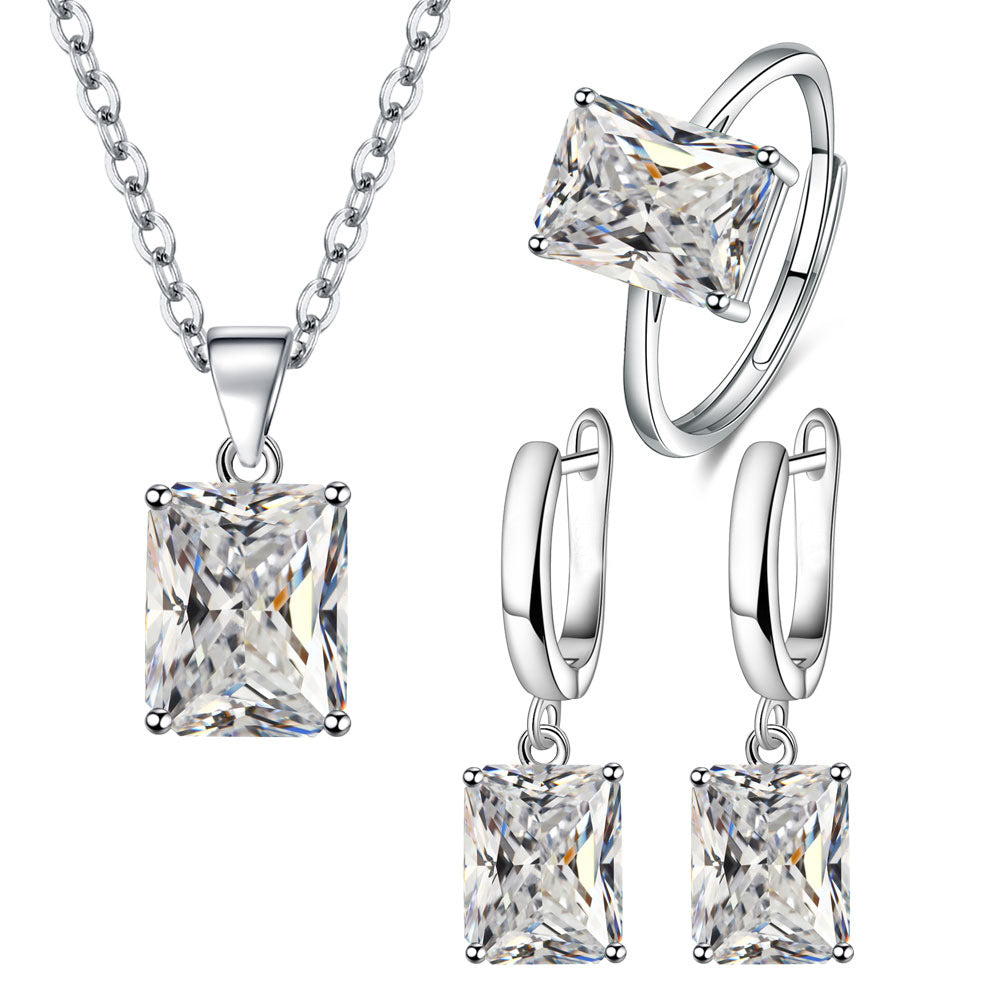 Rectangle Solitaire Silver Multi Color Cubic Zirconia Pendant Chain Earring Ring Set For Women