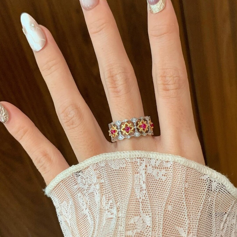 Flower Pink Gold Silver CZ Anti Tarnish Adjustable Ring Bulk