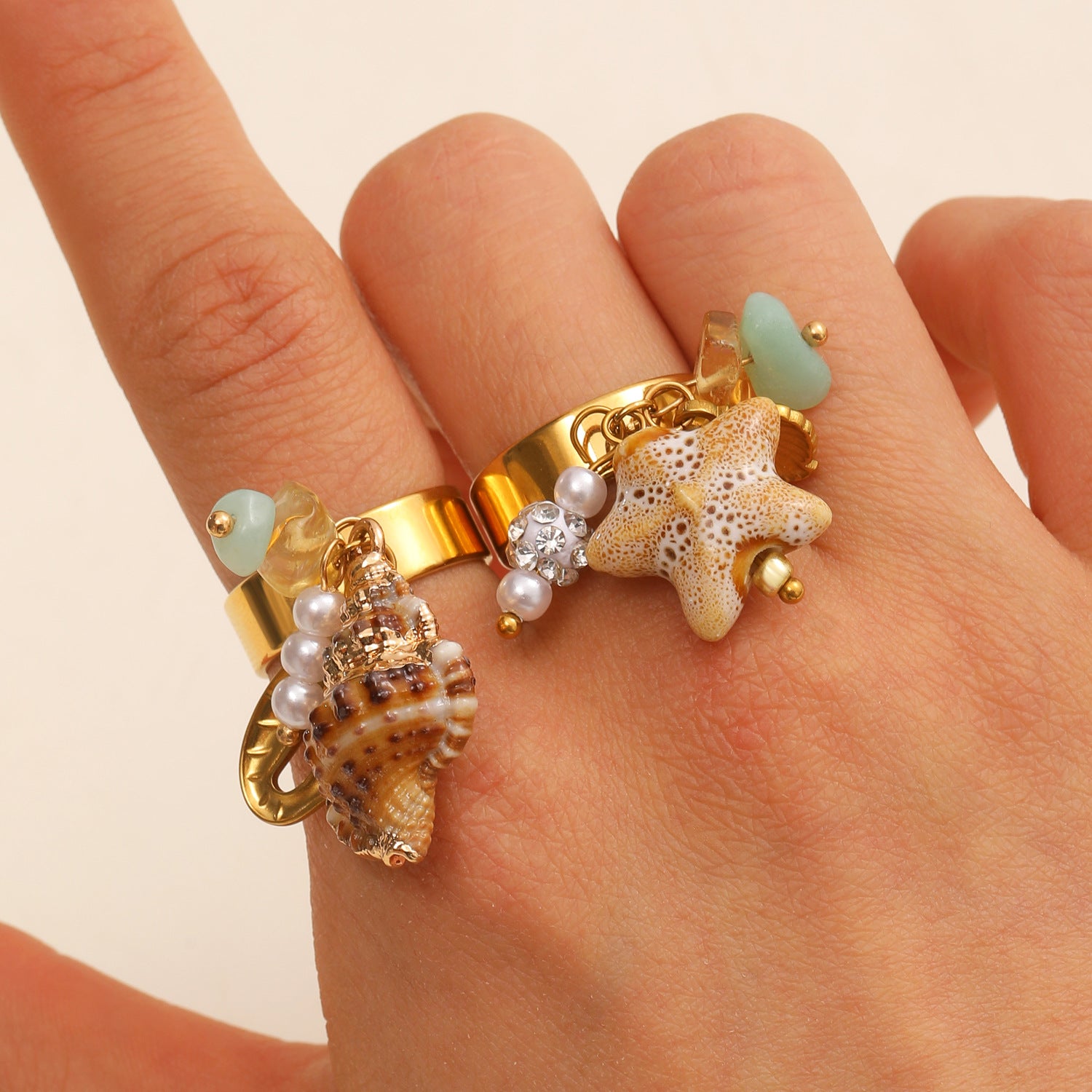 Beach Style Shell & Starfish Charm Gold Beads Pearl Copper Ring Bulk
