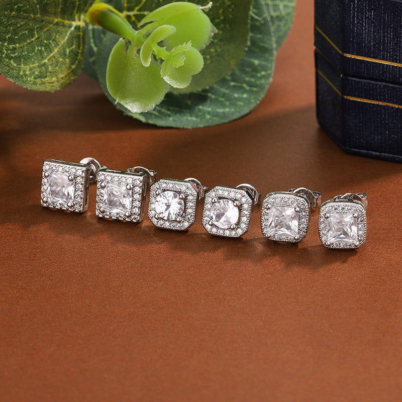 White Designer Square Cut Silver Plated CZ Copper Stud Earrings Bulk