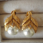 Elegant Botanical Leaf Gold Plated Pearl Copper Drop Earrings Wholesale