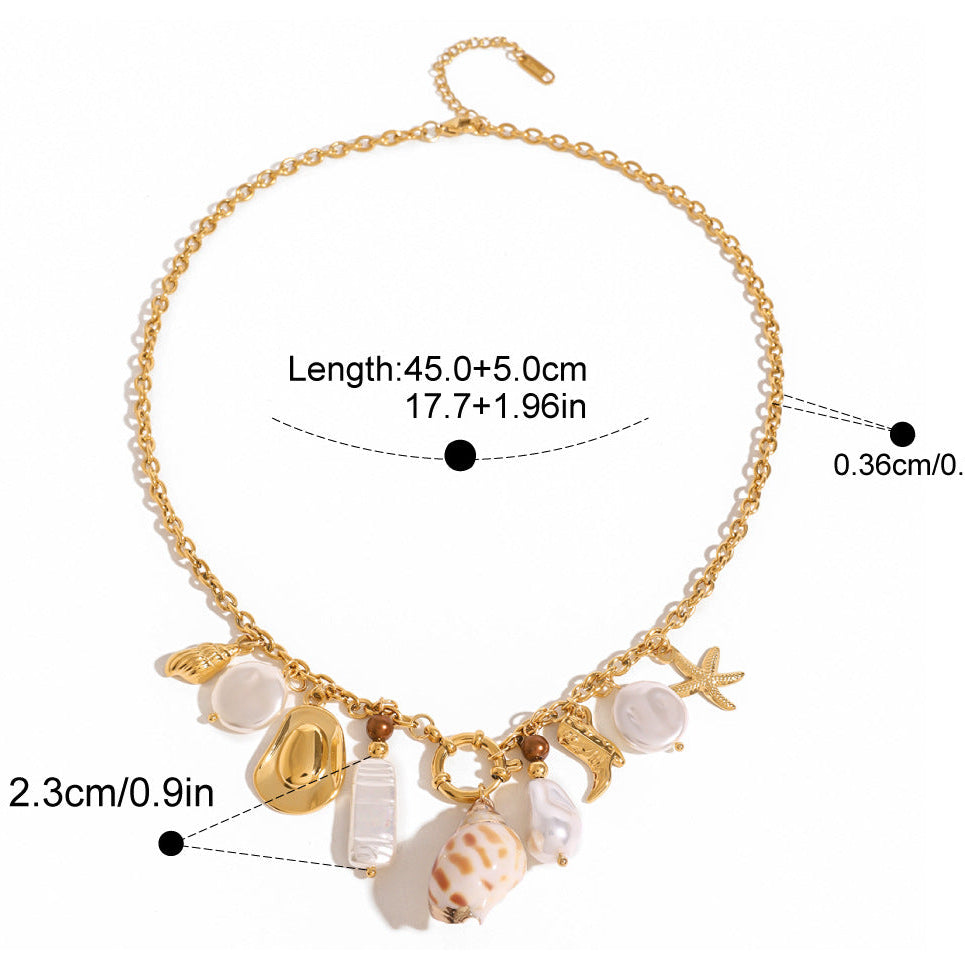 18K Gold White Shell Star Fish Pearl Anti Tarnish Stainless Steel Charm Necklace For Women