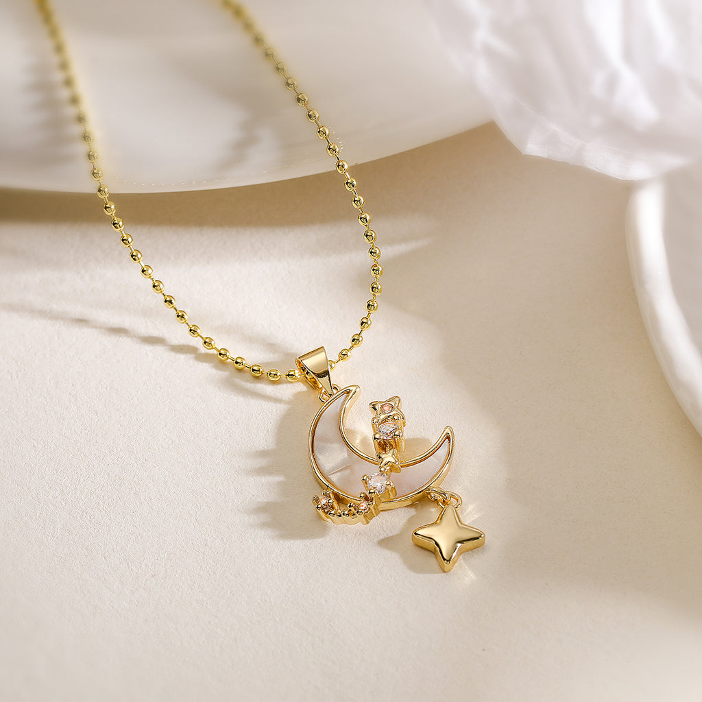 White Celestial Moon Star Gold Mother Of Pearl Copper Pendant Chain Bulk