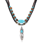 Feather Turquoise Green Brown Beads Wooden Dual Layer Rope Necklace For Women