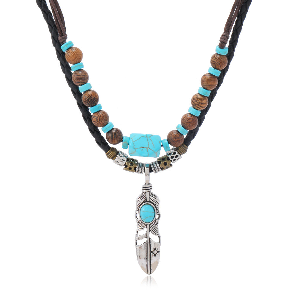 Feather Turquoise Green Brown Beads Wooden Dual Layer Rope Necklace For Women