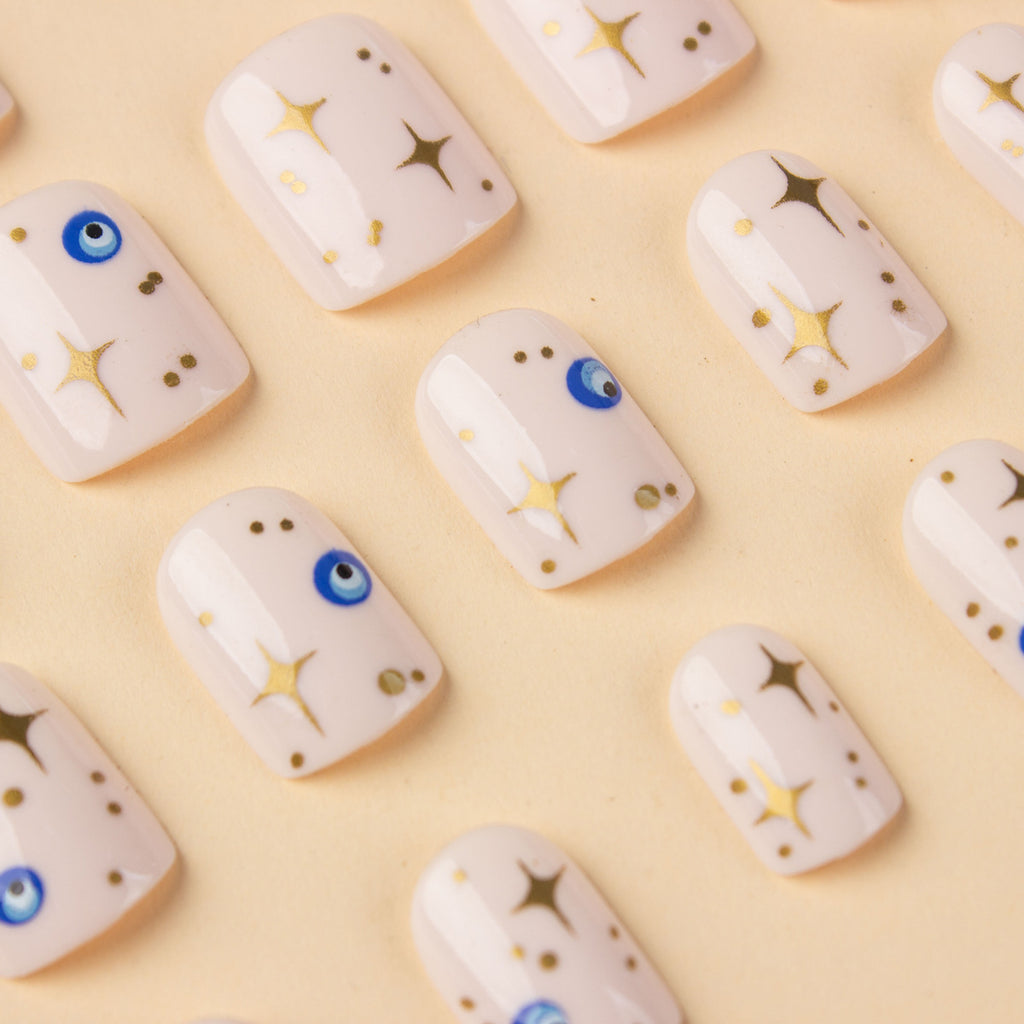 Evil Eye Star Gold Baby Pink Finger Nail Pack Of 10 + Extra 14 Bulk