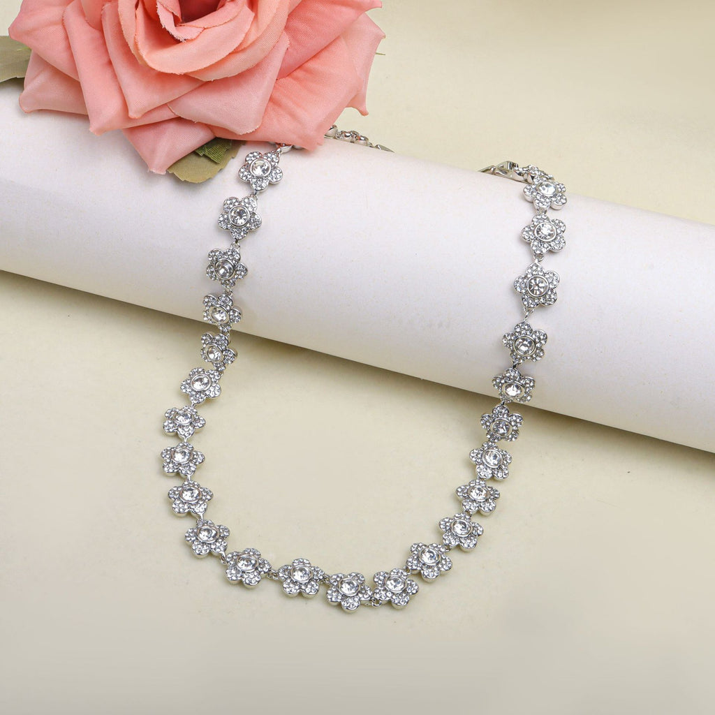Sparkling Floral Silver Plated CZ Copper Necklace Combo Set Wholesale