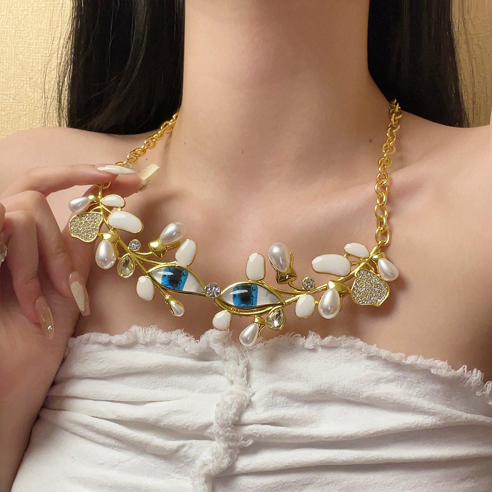 Evil Eye Leaf 18K Gold CZ Enamel Pearl Necklace Earring Set Bulk