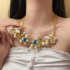 Evil Eye Leaf 18K Gold CZ Enamel Pearl Necklace Earring Set Bulk
