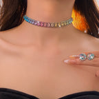 Multi Color Choker Tennis Silver Rhinestone Necklace Earring Set Bulk