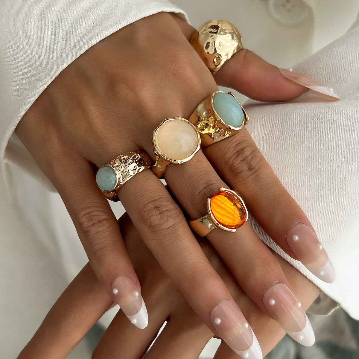 Beaten Finish Green Orange Gemstone Gold Ring Combo Pack Of 5 Bulk