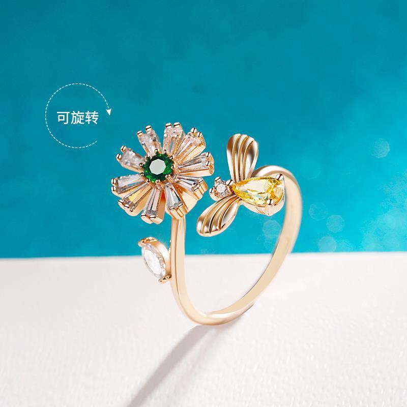 Bulk White Flower Honeybee Gold Plated CZ Copper Adjustable Fancy Ring