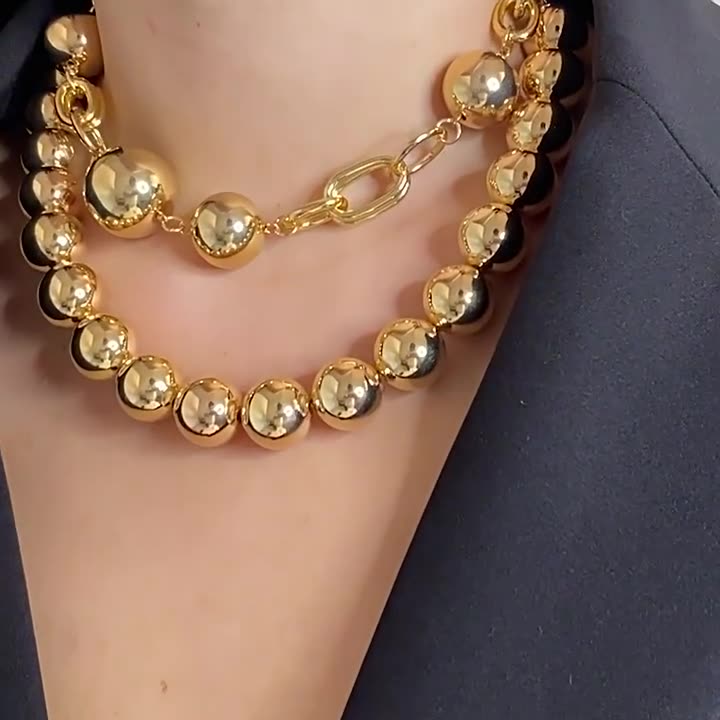 Glossy Beads Ball 18K Gold Anti Tarnish Dual Layer Necklace Women Bulk
