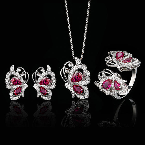 Butterfly Pink Silver CZ Anti Tarnish Necklace Earring Ring Set Bulk Main image