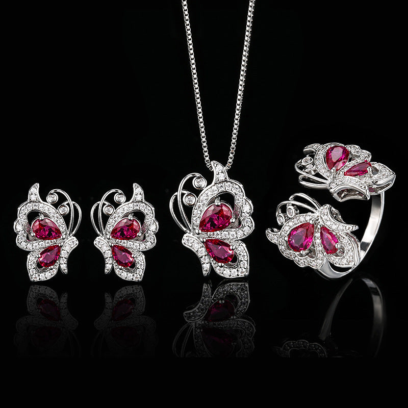 Butterfly Pink Silver CZ Anti Tarnish Necklace Earring Ring Set Bulk