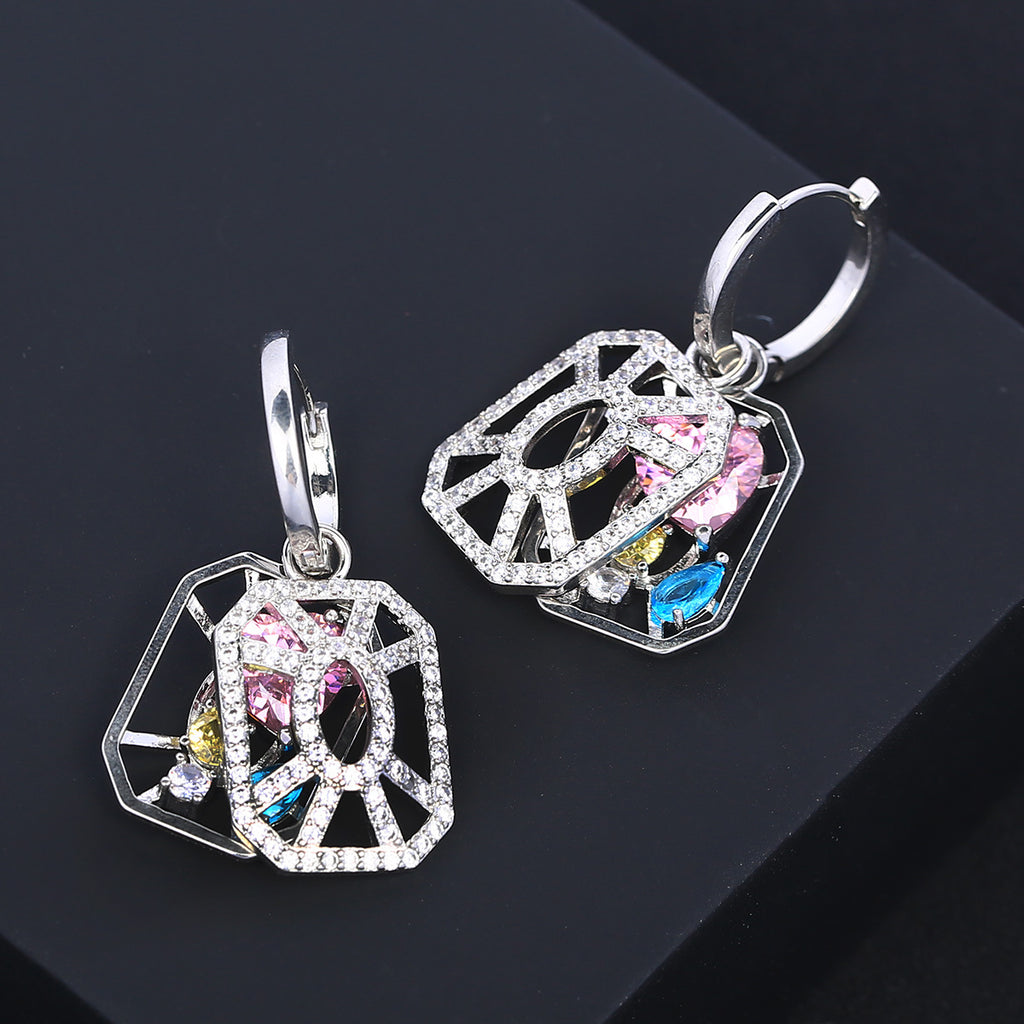 Trendy Openwork Hexagon Silver Plated CZ Copper Hoop Earrings Bulk