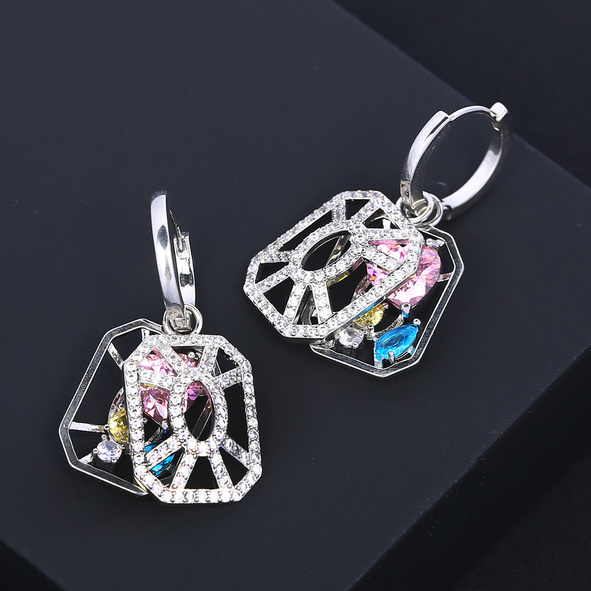 Trendy Openwork Hexagon Silver Plated CZ Copper Hoop Earrings Bulk
