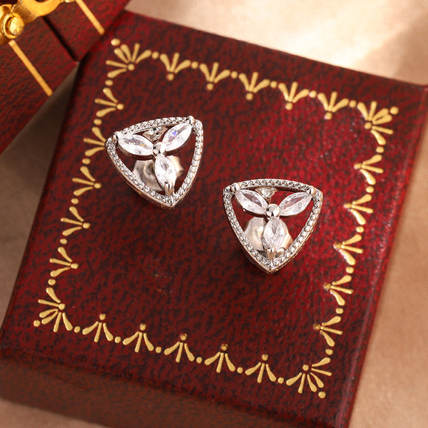 Silver Triangle Floral Cubic Zirconia Copper Stud Earrings For Women Bulk Secondary image