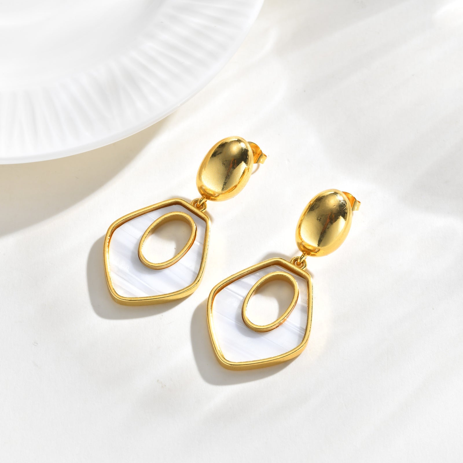 White Pentagon Gold Mother of Pearl Stainless Steel Hoop Earrings Bulk Secondary image