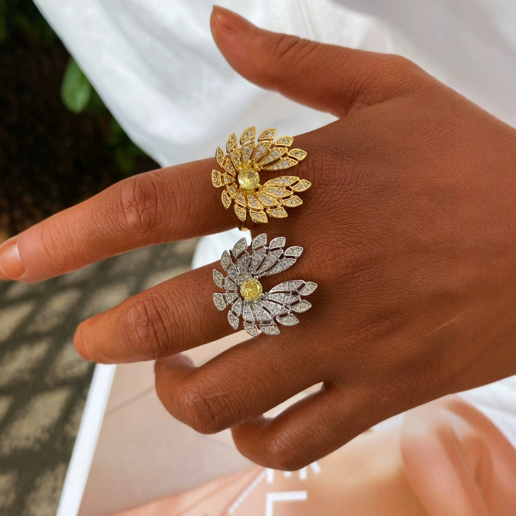 Gold Silver Flower Cubic Zirconia Copper Adjustable Ring For Women Bulk