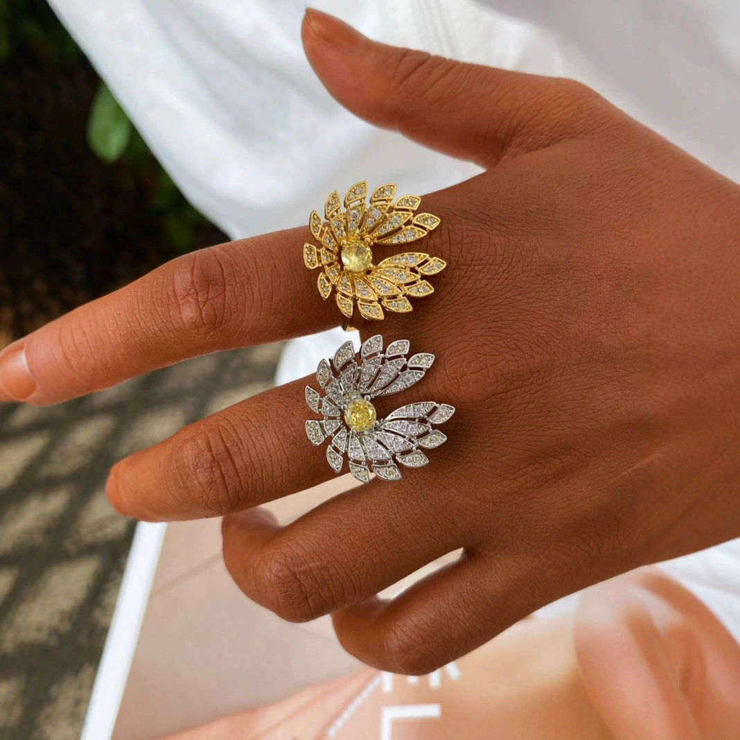 Gold Silver Flower Cubic Zirconia Copper Adjustable Ring For Women Bulk