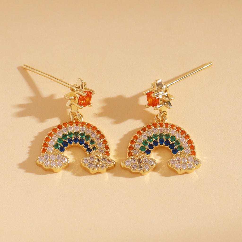 Designer Multi Color Rainbow Horseshoe Gold CZ Copper Drop Earrings Bulk