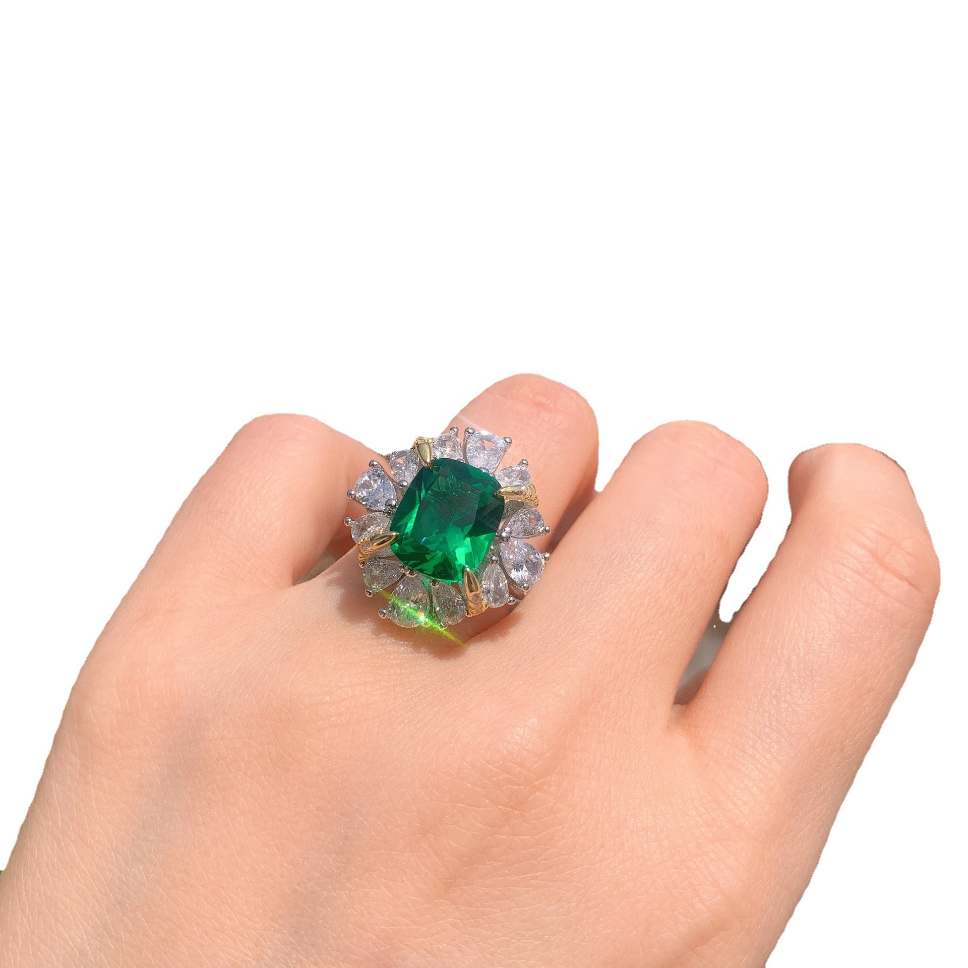 Cushion Drop Green Solitaire Silver Anti Tarnish Free Size Ring Bulk