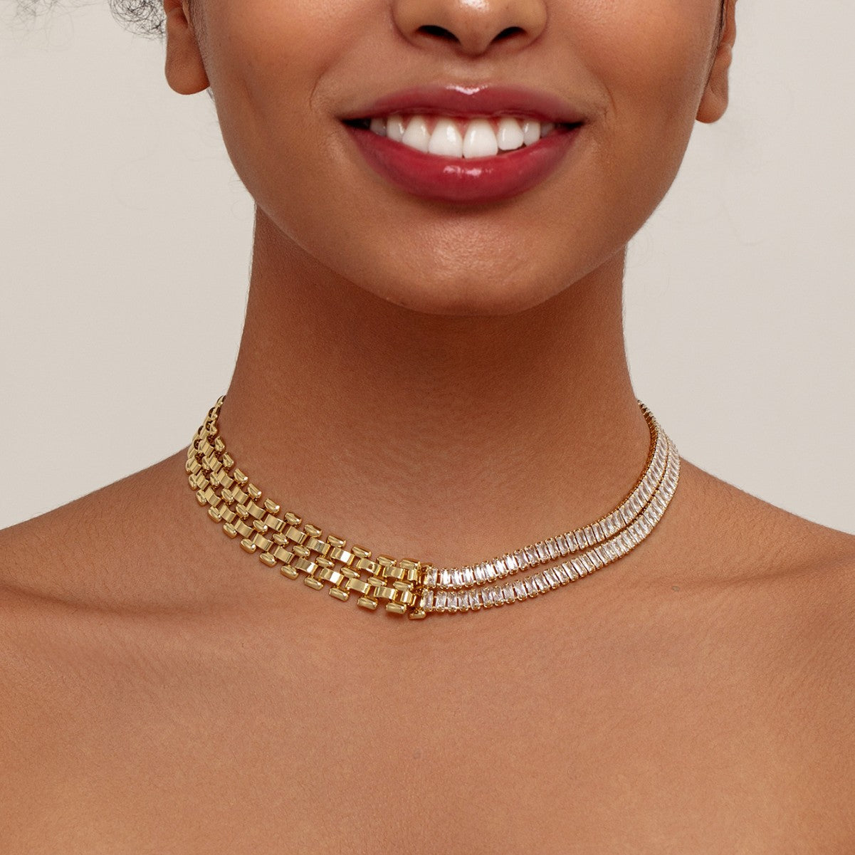 Asymmetric Half Chain Baguette Gold CZ Anti Tarnish Brass Necklace Bulk Main image