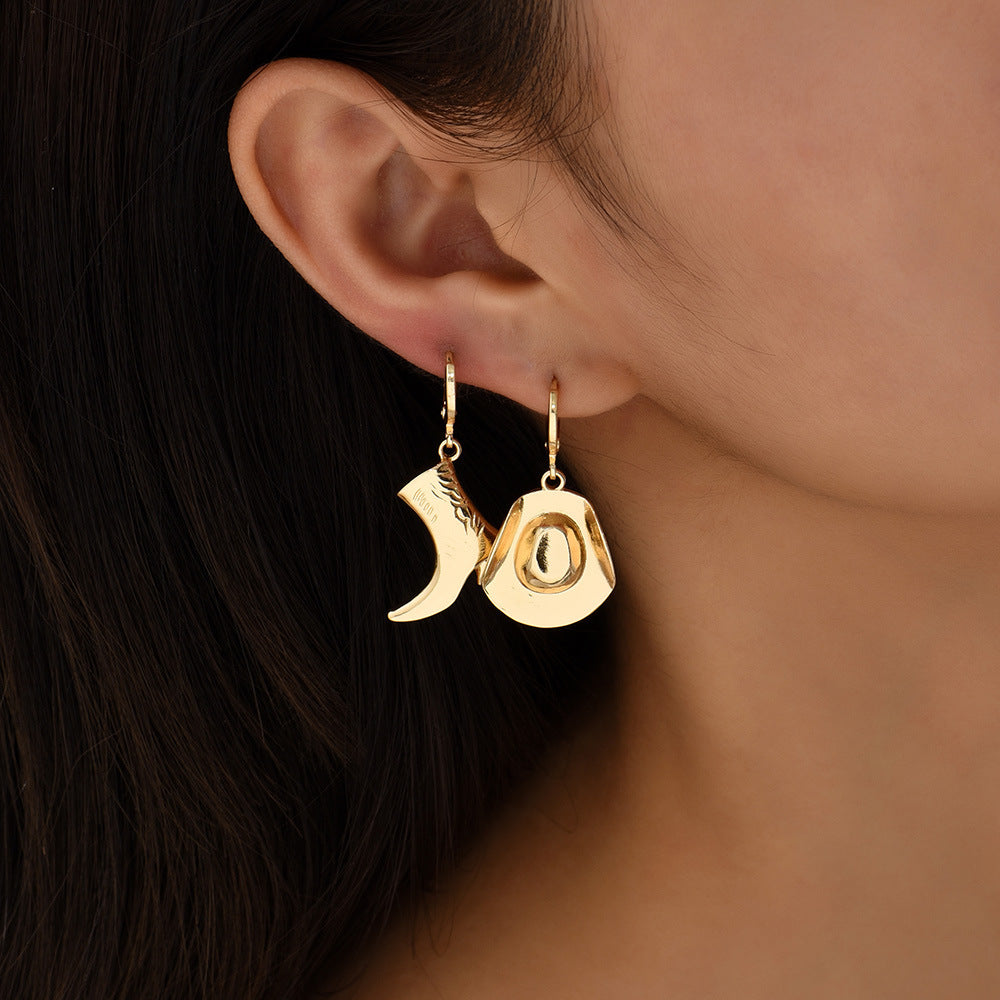 Trendy Western Boot & Hat Design Gold Plated Hoop Earrings Wholesale Main image