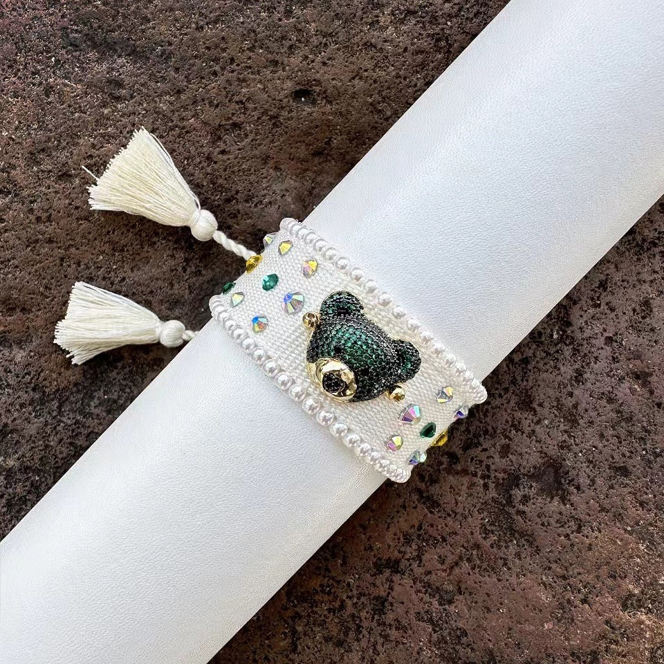 Teddy Bear Face Crystal Fabric Writ Band Threads Bracelet Bulk