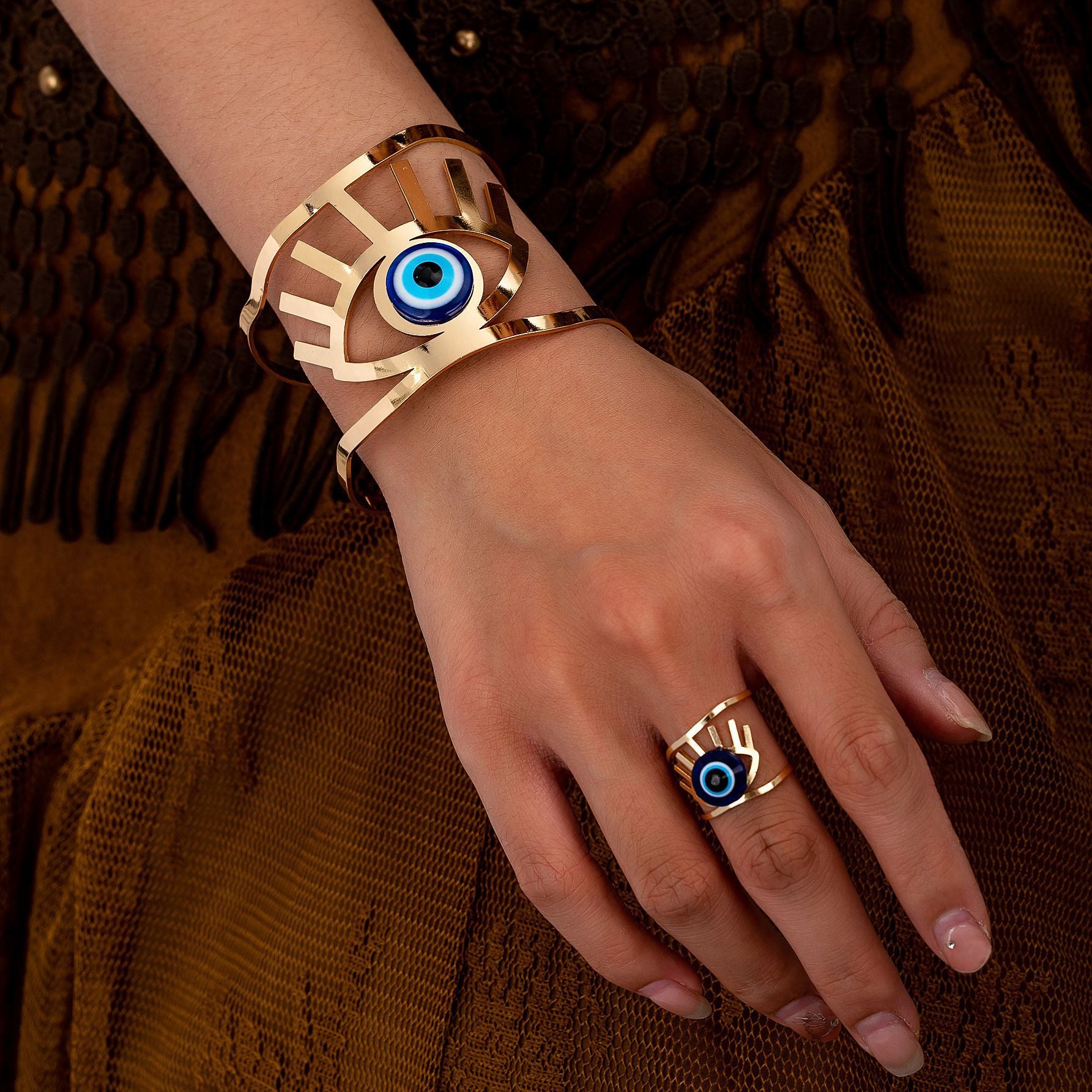 Evil Eye 18K Gold Blue Adjustable Cuff Bracelet Band Ring Women Bulk Secondary image