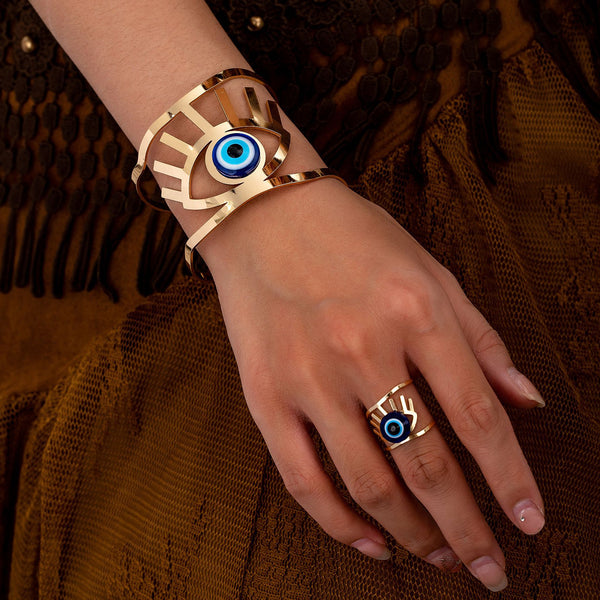Evil Eye 18K Gold Blue Adjustable Cuff Bracelet Band Ring Women Bulk Secondary image