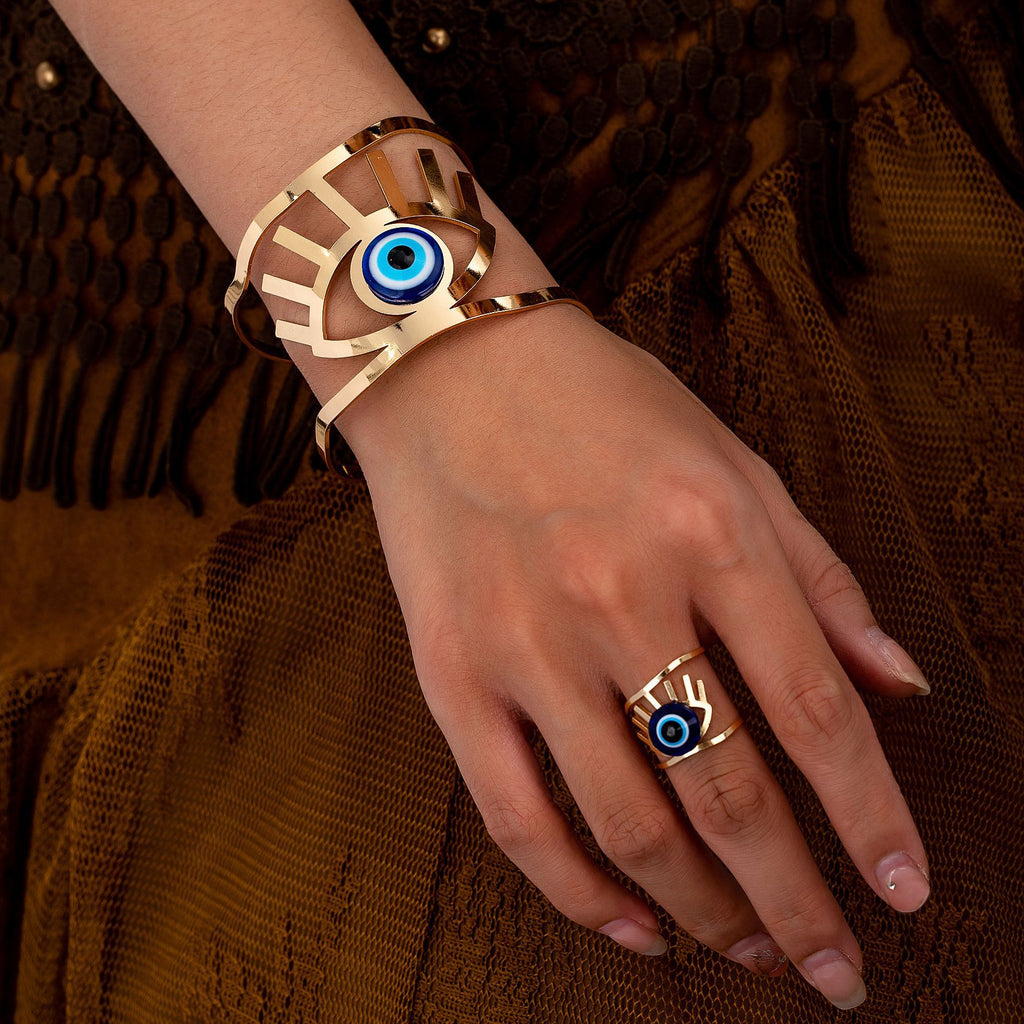 Evil Eye 18K Gold Blue Adjustable Cuff Bracelet Band Ring Women Bulk