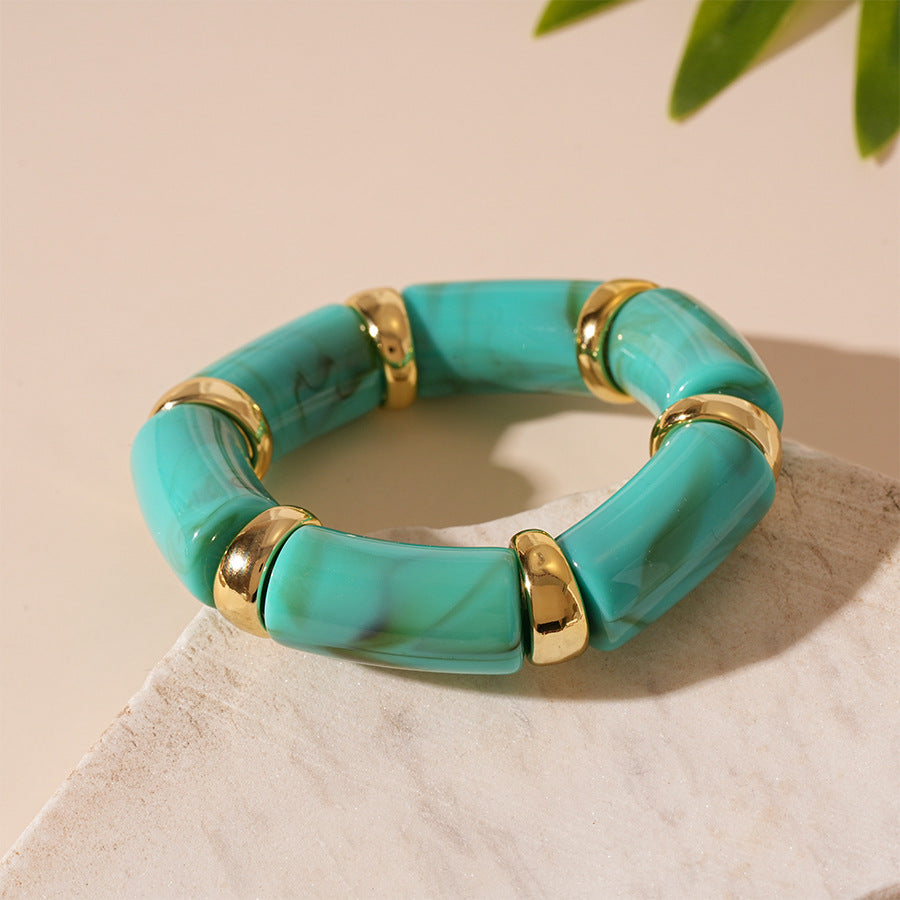 Acrylic Bamboo 18K Gold Blue Beads Stackable Adjustable Bracelet Bulk