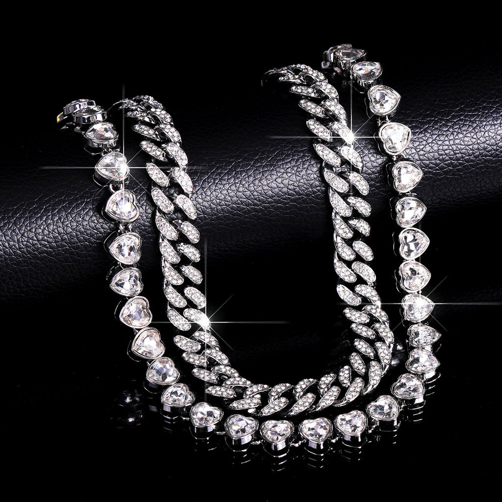 Silver Heart Curb Chain Silver Rhinestone Necklace For Women Bulk