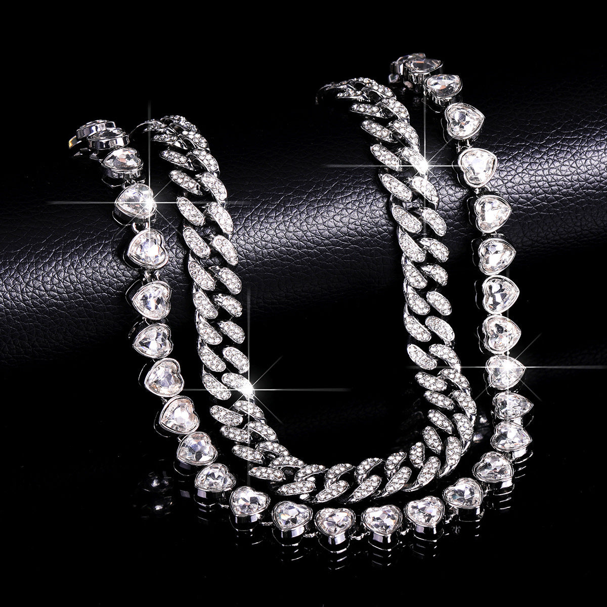Silver Heart Curb Chain Silver Rhinestone Necklace For Women Bulk