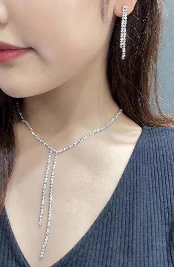 Long Silver Solitaire CZ Anti Tarnish Y Necklace Earring Bulk Secondary image