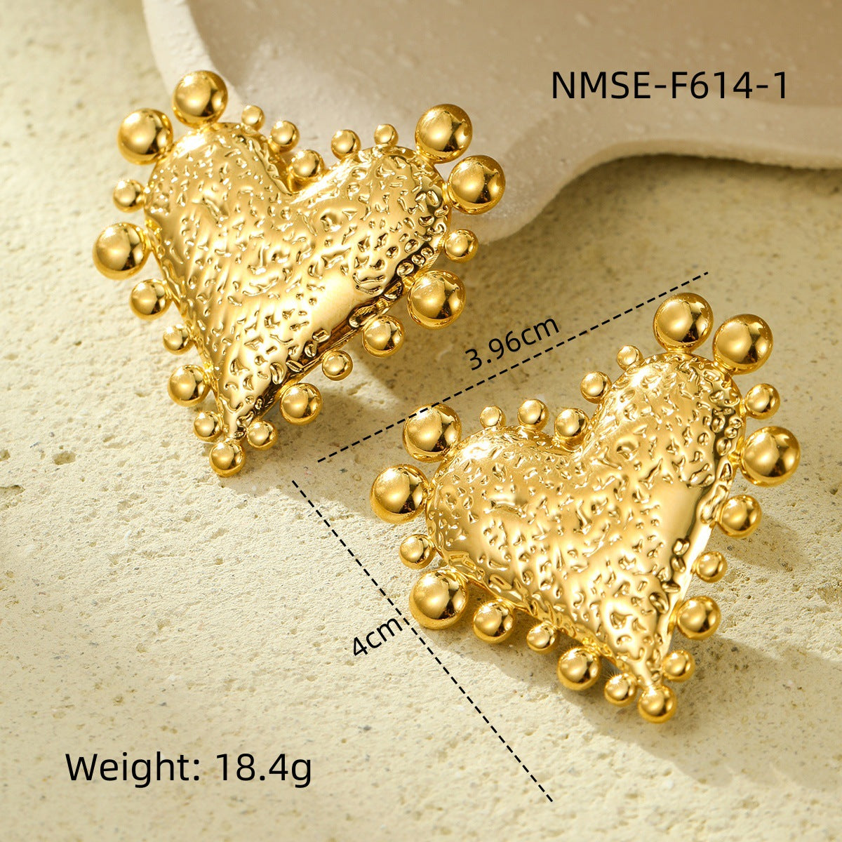 Beaten Finis Heart Gold Stainless Steel Anti Tarnish Stud Earring Bulk