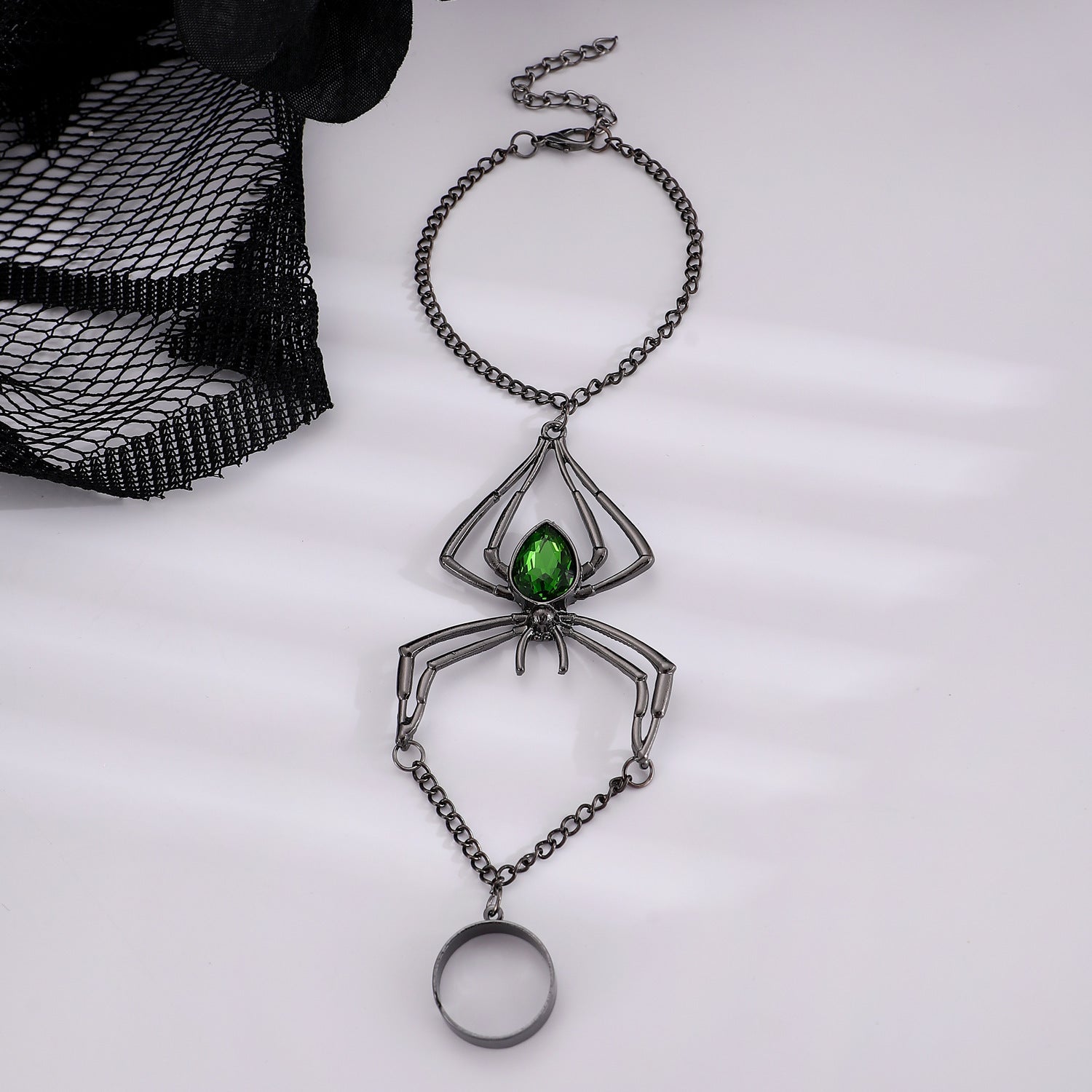 Wholesale Green Black Spider Black Rhinestone Ring-Bracelet For Women